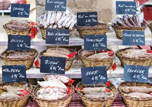 Sausages Prints: Sausages stall at the outdoor market, Limousin, France