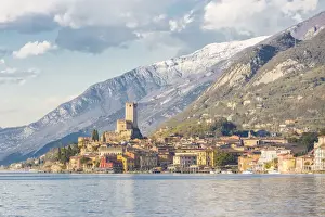 Scaliger castle of Malcesine viewed from the lakefront on the eastern shore of Lake Garda