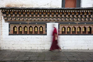 Monks Gallery: Scene from the Tashichodzong in Thimpu, Bhutan. Tashichoedzong is a Buddhist monastery
