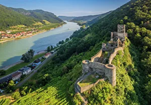 Donau Prints: Scenic aerial view of Hinterhaus castle and Danube river, Spitz, Lower Austria, Austria