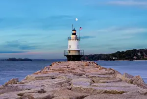 Portland Prints: Scenic Spring Point Ledge Lighthouse and Breakwater after Sunset with Moon Portland Maine