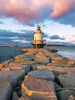 Portland Prints: Scenic Spring Point Ledge Lighthouse and Breakwater at Sunset Portland Maine