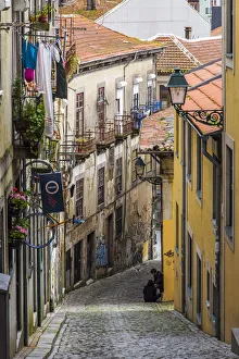 Scenic steep street in Ribeira district, Porto, Portugal
