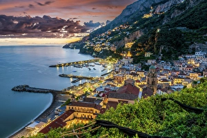 Campania Prints: Scenic sunset view of Amalfi, Campania, Italy