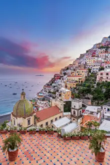 Campania Prints: Scenic Sunset view of Church of Santa Maria Assunta Positano
