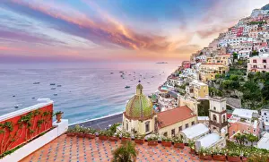 Sorrento Prints: Scenic Sunset view of Church of Santa Maria Assunta Positano