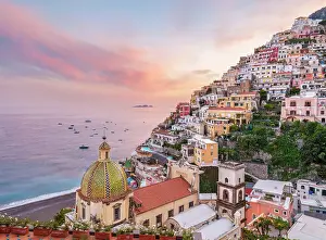 Campania Prints: Scenic Sunset view of Church of Santa Maria Assunta Positano