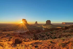 Rock Formation Collection: Scenic view of The Mitten buttes at sunrise, Monument Valley, Arizona, USA