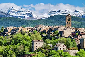 Aragon Prints: Scenic view of the old town with the snowy Spanish Pyrenees in the background