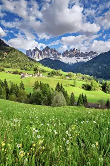 Environment Prints: Scenic view of St. Magdalena-Santa Maddalena mountain village with Odle (Geislergruppe) mountain group behind