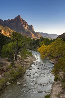 Virgin River Prints: Scenic view of The Watchman mountain from Virgin river at sunset, Zion National Park