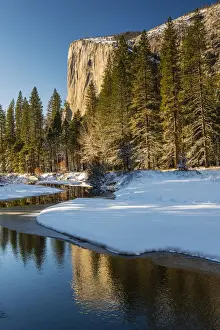 El Capitan Prints: Scenic winter landscape with El Capitan mountain reflected in the river, Yosemite