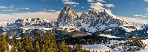 Langkofel Prints: Scenic winter view over Seiser Alm - Alpe di Siusi dominated by Sella group on the left