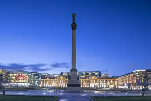 Schlossplatz Prints: Schlossplatz (Castle Square ) and Jubiliaumssaule monument at dusk, Stuttgart