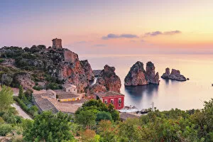 Images Dated 17th September 2020: Scopello, Sicily. Elevated view of the tonnara and the sea stacks at dawn