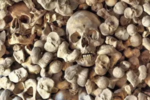 Sculls and bones, ossuary of the church of Santa Maria de Wamba, Valladolid, Castile