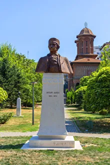 Bucharest Prints: Sculpture for Avram Iancu with Kretzulescu Church, Bucharest, Walachia, Romania