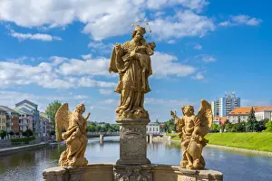 Coat Of Arms Prints: Sculptures on Pisek Stone Bridge which is the oldest stone bridge in the Czech Republic
