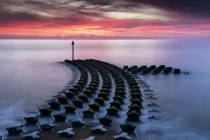 Sea Defences at Sunrise, Felixstowe, Suffolk, England