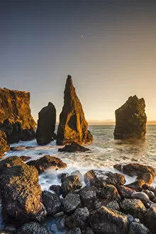 Images Dated 31st March 2017: Sea stacks at sunset, Reykjanes peninsula, Iceland