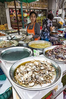 Seafood for sale in a market on Yaowarat Road, Chinatown, Bangkok, Thailand