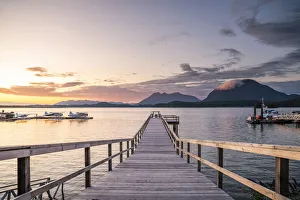 Seaplanes and dock at sunset in Tofino, Vancouver Island, British Columbia, Canada