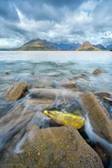 Seascape with view of Black Cuillin Mountains, Elgol, Isle of Skye, Scottish Highlands, Scotland, UK