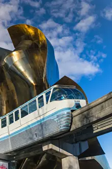 Seattle Center Prints: Seattle Center Monorail passing through the Experience Music Project and Science Fiction