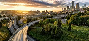 Washington State Prints: Seattle Skyline at Sunset, Seattle, Washington State, USA