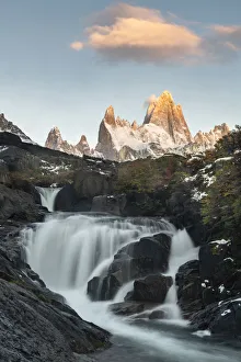 Secret waterfall and Fitz Roy at sunrise, El Chalten, Santa Cruz province, Argentina