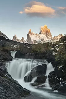 Andes Collection: Secret waterfall and Fitz Roy at sunrise, El Chalten, Santa Cruz province, Argentina
