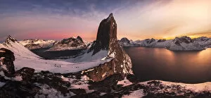 Fjord Collection: Segla mountain rising above the fjord during a winter sunset, Senja island, Norway
