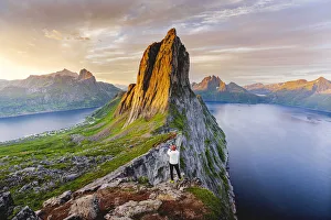 Segla mountain with smartphone at dawn, Senja island, Troms county, Norway (MR)
