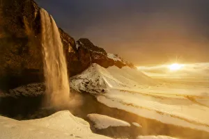 Seljalandfoss during a dramatic winter sunset, Iceland