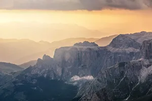 Massif Prints: The Sella group seen from Marmolada at sunset, Dolomites, South Tyrol, Italy