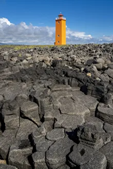 Selvogsviti Lighthouse and basalt columns, Selvogur, Reykjanes Peninsula, Iceland