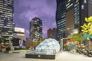 Contemporary Design Prints: Seocho Garak Tower East Skyscraper and Gangnam metro station at dusk, Gangnam, Seoul