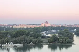 Serbia, Belgrade, View across the confluence of the Sava and Danube rivers, to New