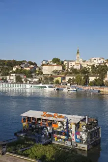 Historic Town Prints: Serbia, Belgrade, View of floating bar and nightclub on Sava River across to St