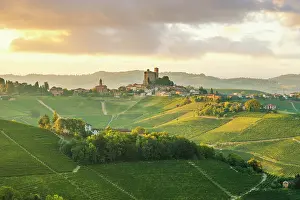 Wine Region Prints: Serralunga d'Alba village and its vineyards at sunrise
