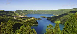 Sete Cidades volcanic lake and village. A big crater with 12 kilometers in perimeter