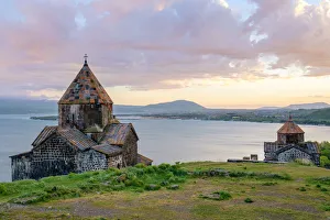 Sevanavank church on Lake Sevan at sunset, Sevan, Gegharkunik Province, Armenia