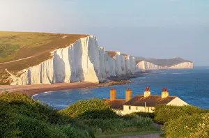 Cuckmere Prints: Seven Sisters and Coastguard Cottages at sunset, Sussex, England, United Kingdom
