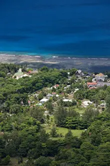 Seychelles, La Digue Island, Island view of La Passe from Nid d Aigle Peak (el