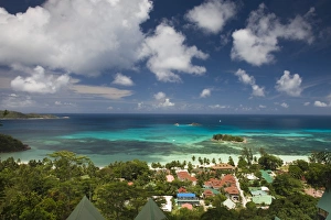 Seychelles, Praslin Island, Anse Volbert, aerial view of tourist village