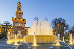 Fountain Prints: Sforzesco Castle with fountain at dusk. Milan, Italy, Europe