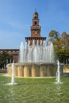 Sforzesco castle and fountain, Milan, Lombardy, Italy