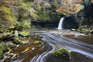 Powys Prints: Sgwd Gwladus waterfall surrounded by autumnal foliage, near Ystradfellte, Brecon Beacons