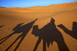 Sahara Prints: Shadows Of Camels And Riders In The Desert, Merzouga, Morocco, North Africa