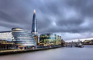 City Hall Prints: The Shard, City Hall and More London at dusk, from Tower Bridge, London, England